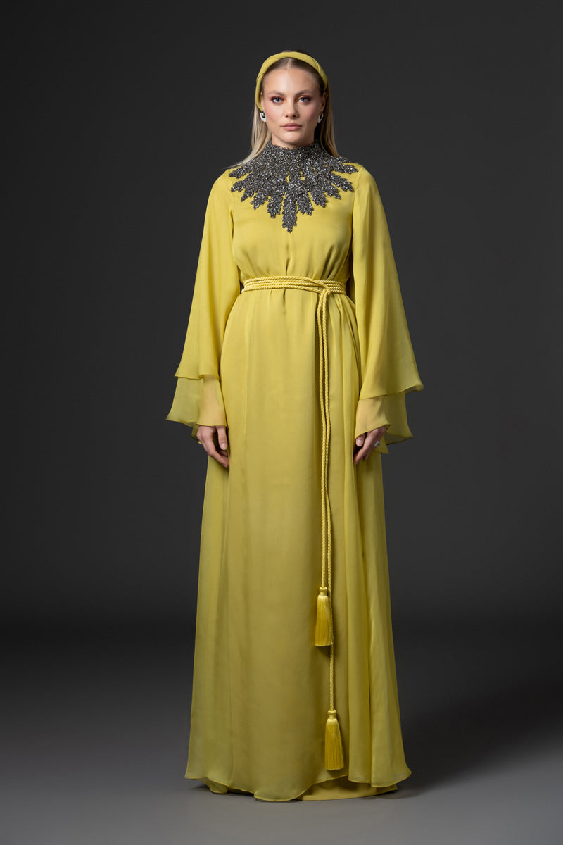 Golden olive abaya with embroidered neckline