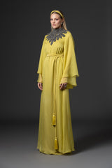 Golden olive abaya with embroidered neckline