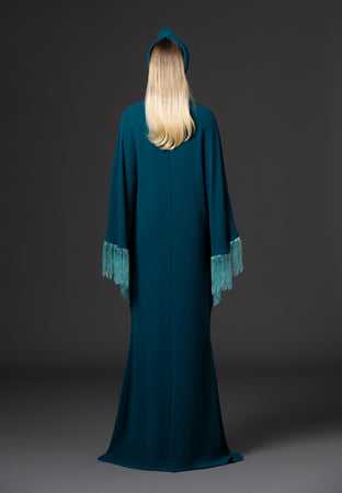 Teal crêpe abaya with layered beaded fringes