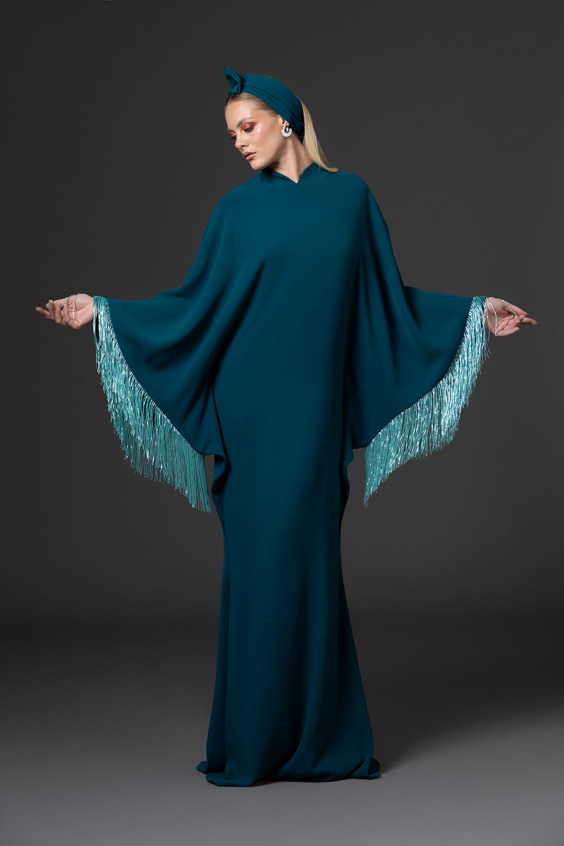 Teal crêpe abaya with layered beaded fringes