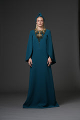 Teal crêpe abaya with embroidered neckline