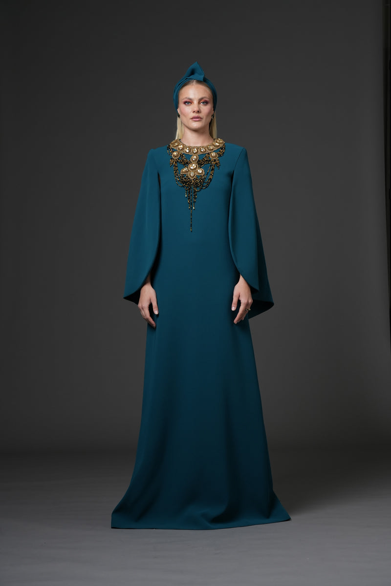 Teal crêpe abaya with embroidered neckline