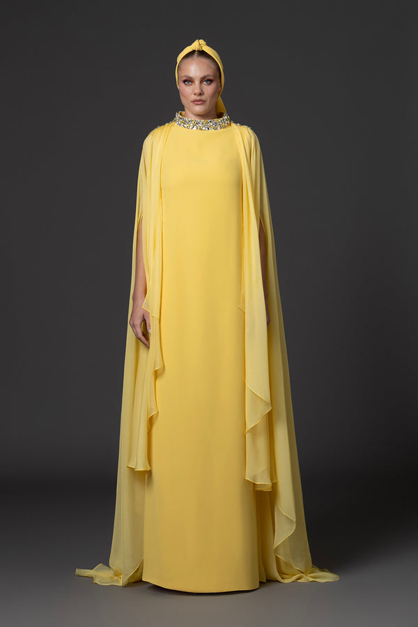 Yellow abaya with embroidered neckline and cape sleeves