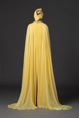 Yellow abaya with embroidered neckline and cape sleeves