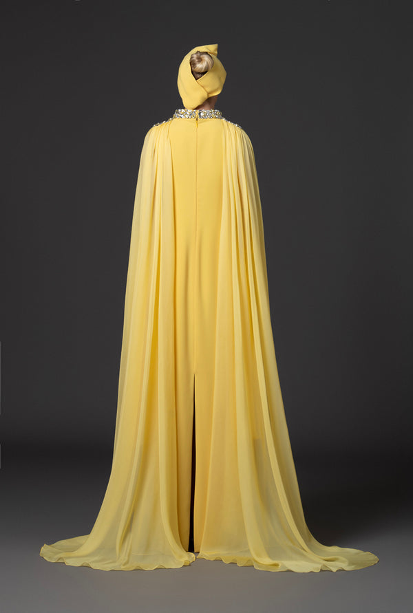 Yellow abaya with embroidered neckline and cape sleeves