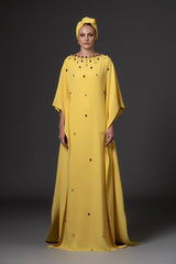 Yellow crêpe abaya with crystal drop embroidery