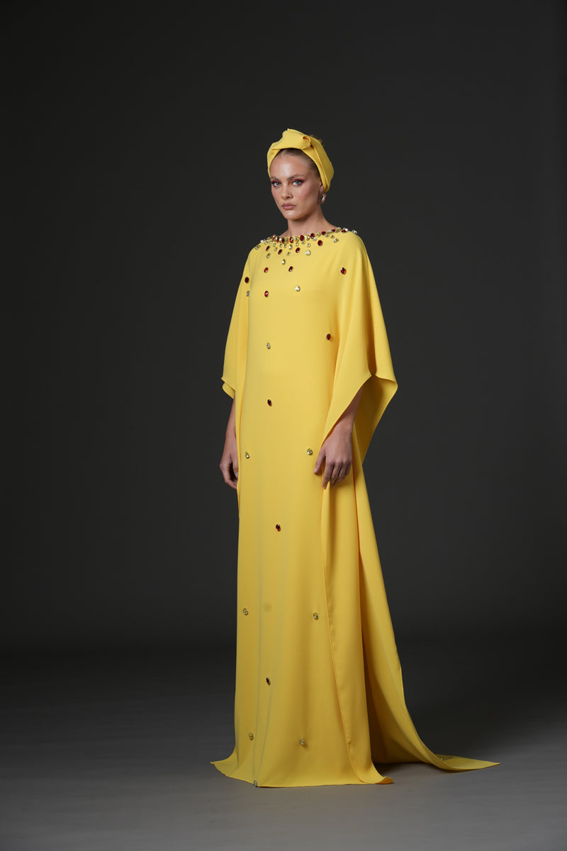 Yellow crêpe abaya with crystal drop embroidery