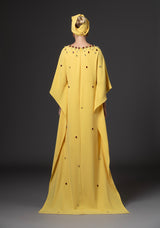 Yellow crêpe abaya with crystal drop embroidery