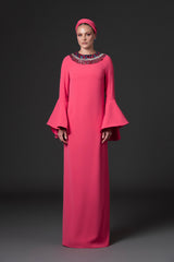 Coral crêpe abaya with embroidered neckline and bell sleeves