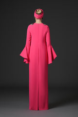 Coral crêpe abaya with embroidered neckline and bell sleeves