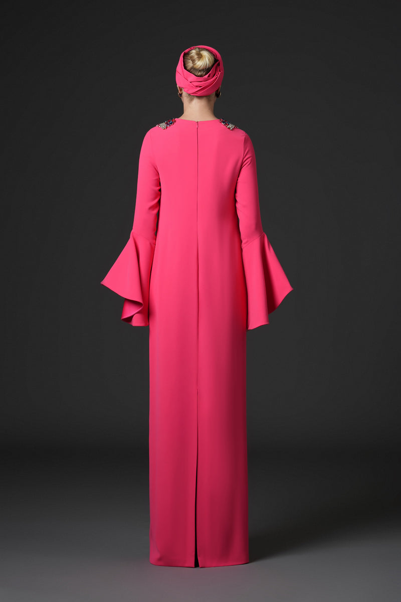 Coral crêpe abaya with embroidered neckline and bell sleeves