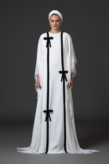 White crêpe abaya with black crystal embellished chainmail bows