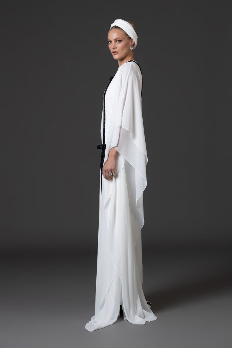 White crêpe abaya with black crystal embellished chainmail bows