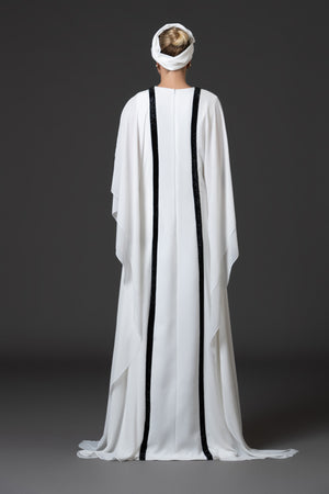 White crêpe abaya with black crystal embellished chainmail bows