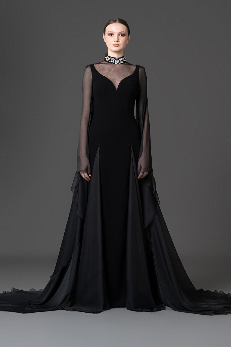 High-neck gown featuring a crystal-embellished collar and chiffon sleeves