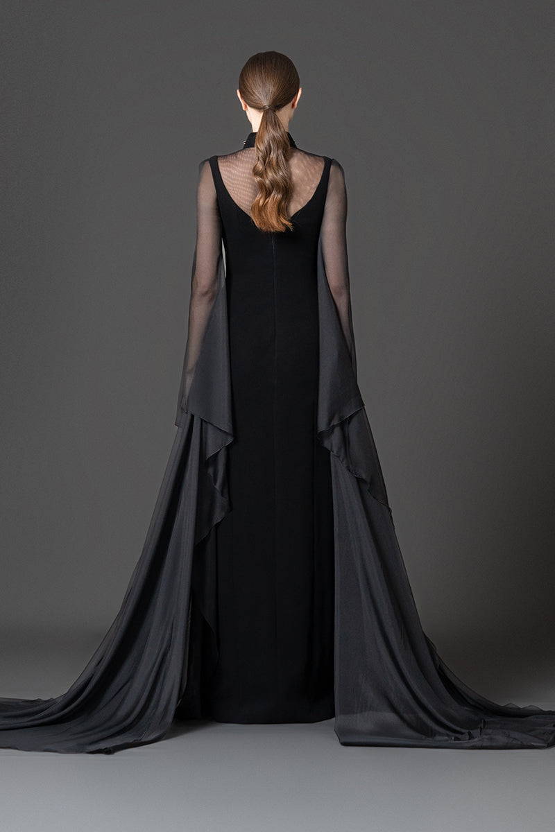 High-neck gown featuring a crystal-embellished collar and chiffon sleeves