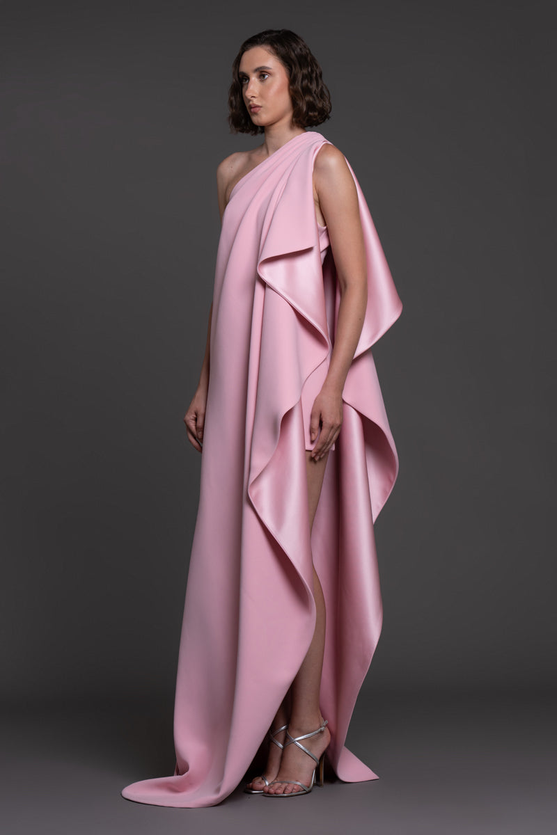 Blush pink Deconstructed ruffle dress in crepe and satin radzimir