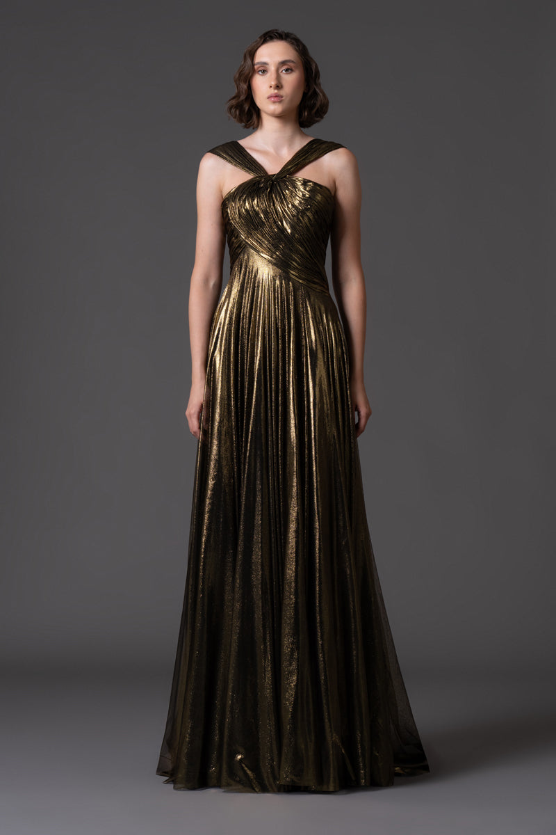 Gold draped dress in silk foiled tulle 