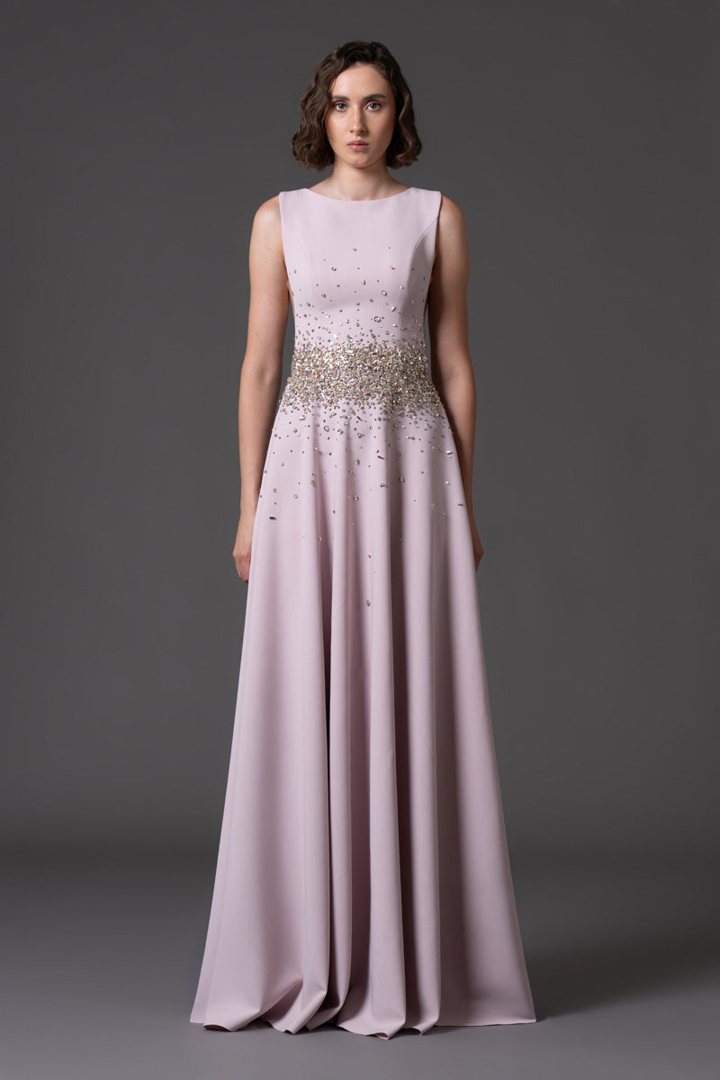 Pink embroidered A-line dress with deep V armhole
