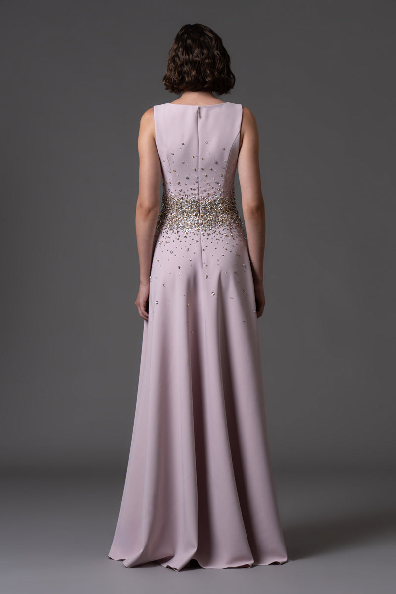 Pink embroidered A-line dress with deep V armhole