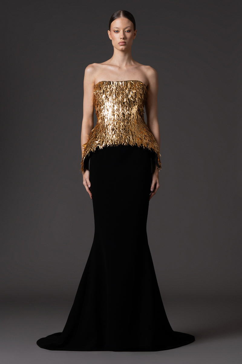 Fully embroidered gold spike corset with black crêpe skirt