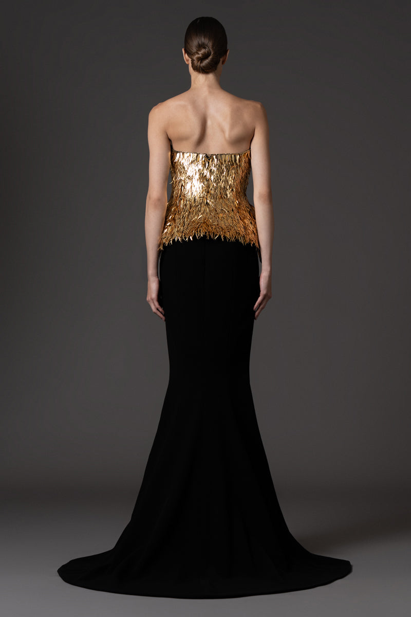 Fully embroidered gold spike corset with black crêpe skirt