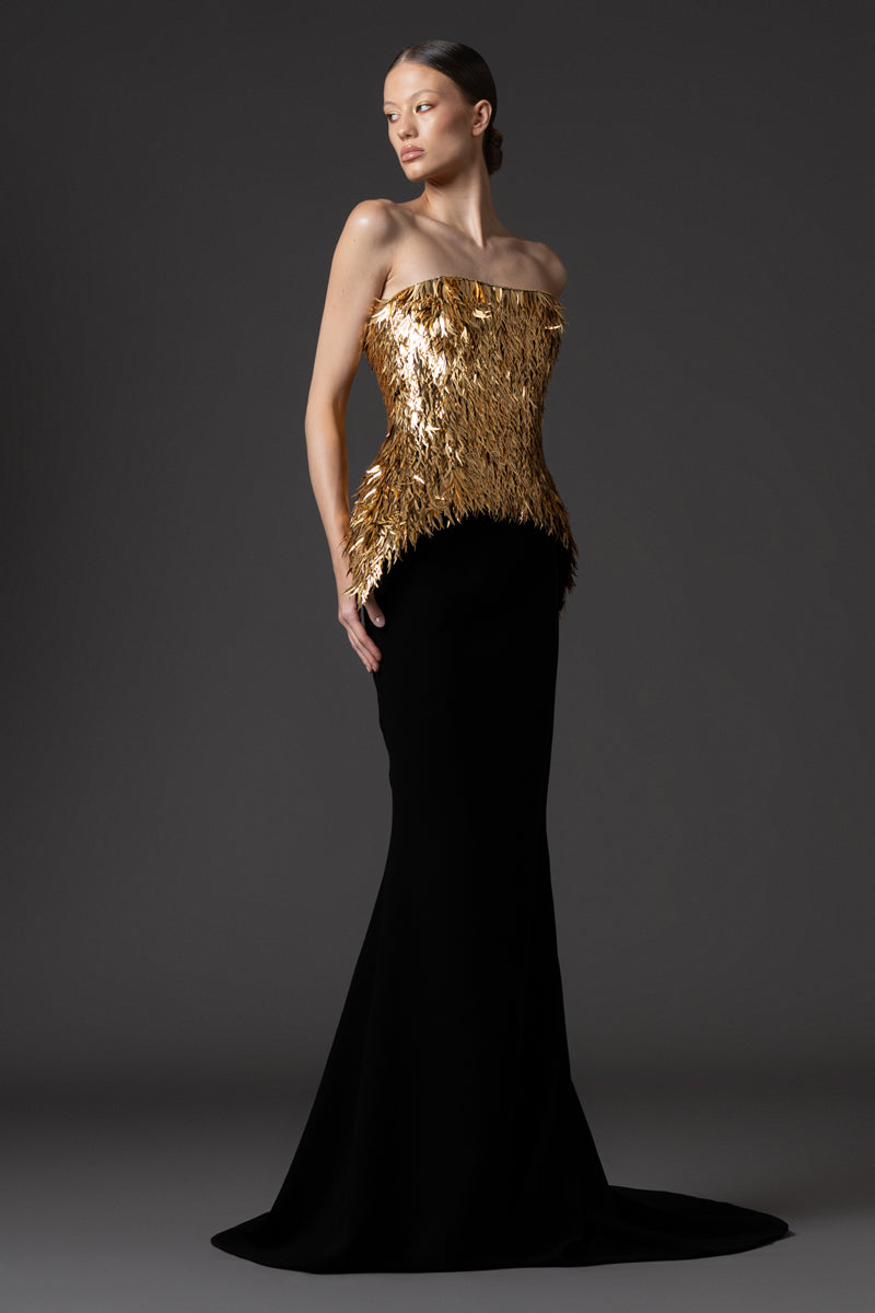 Fully embroidered gold spike corset with black crêpe skirt