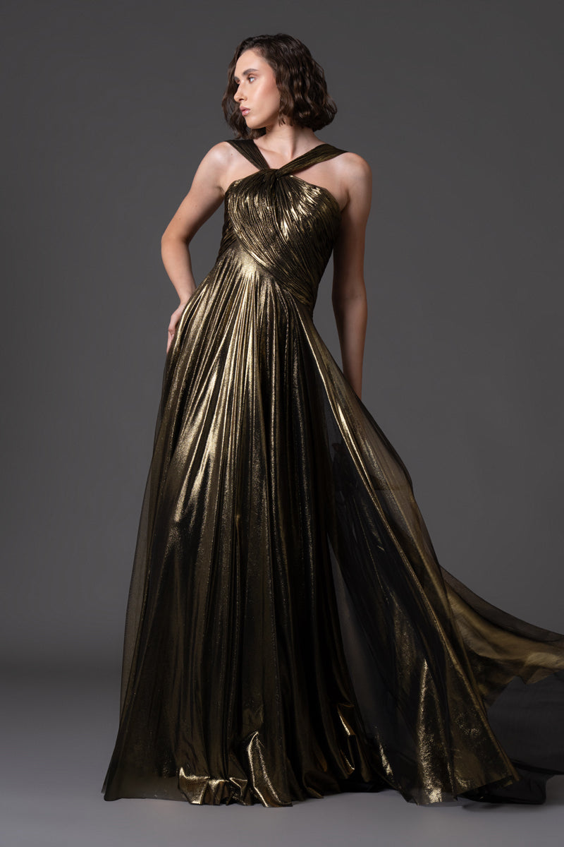 Maxi gold draped dress in silk foiled tulle 