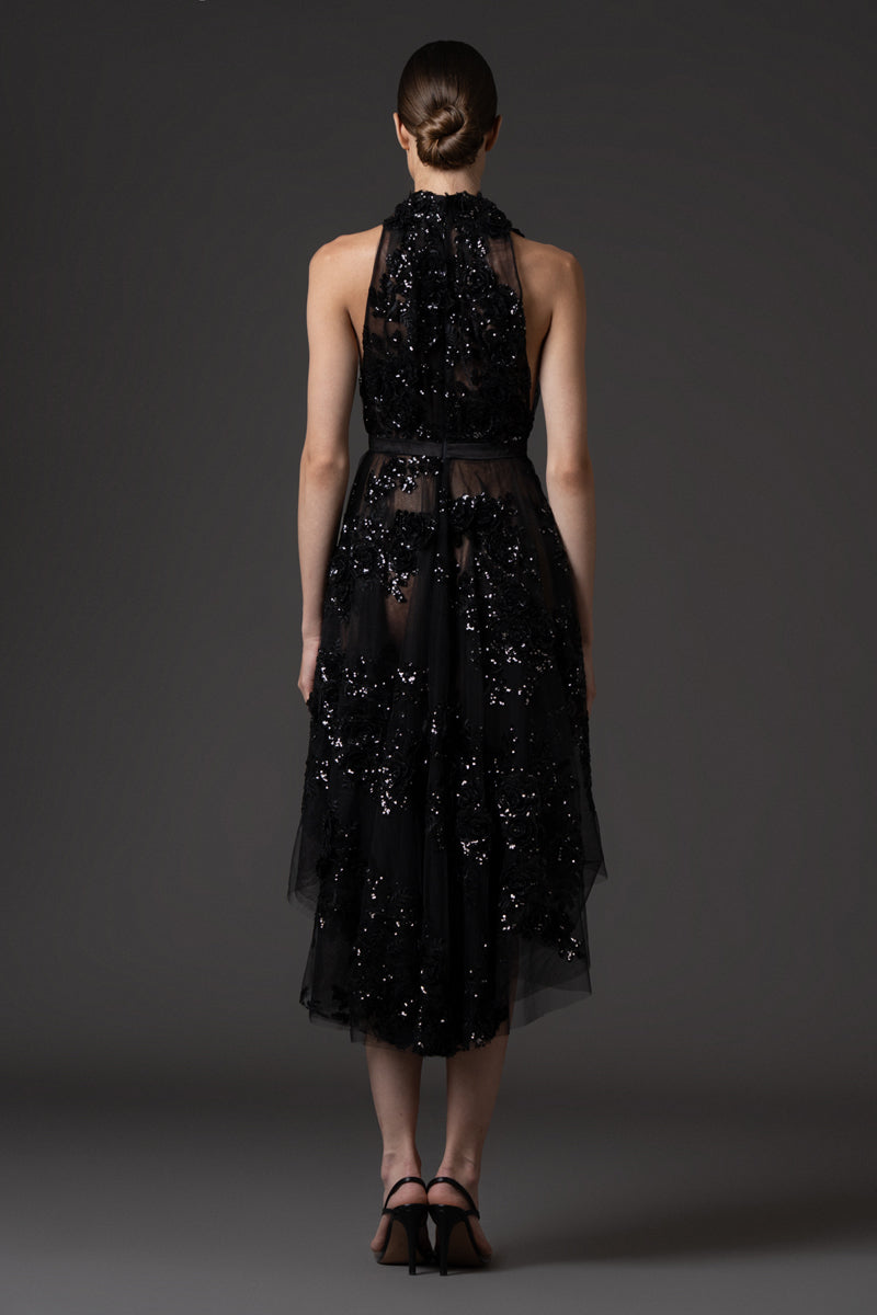 Halter neck Black embroidered tulle dress.