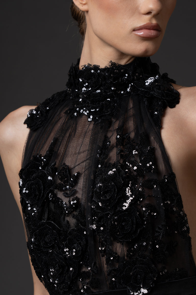 Halter neck Black embroidered tulle dress.