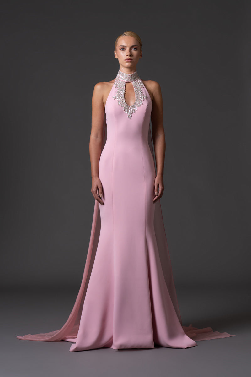 Blush pink Halter neck crêpe dress with embroidered neckline