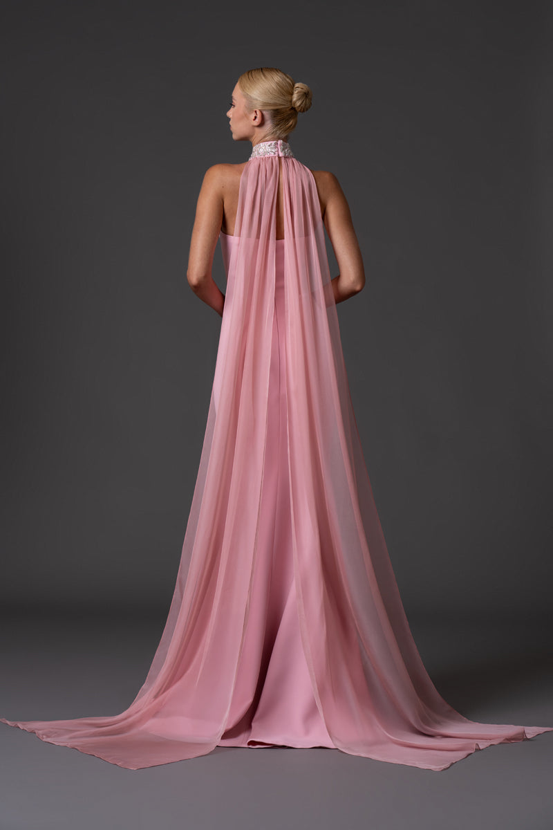 Blush pink Halter neck crêpe dress with embroidered neckline