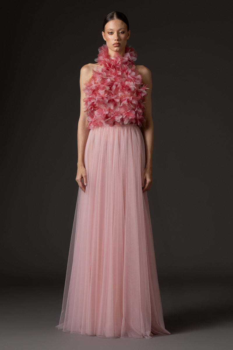 Halter neck dress in tulle with flower appliqué bodice