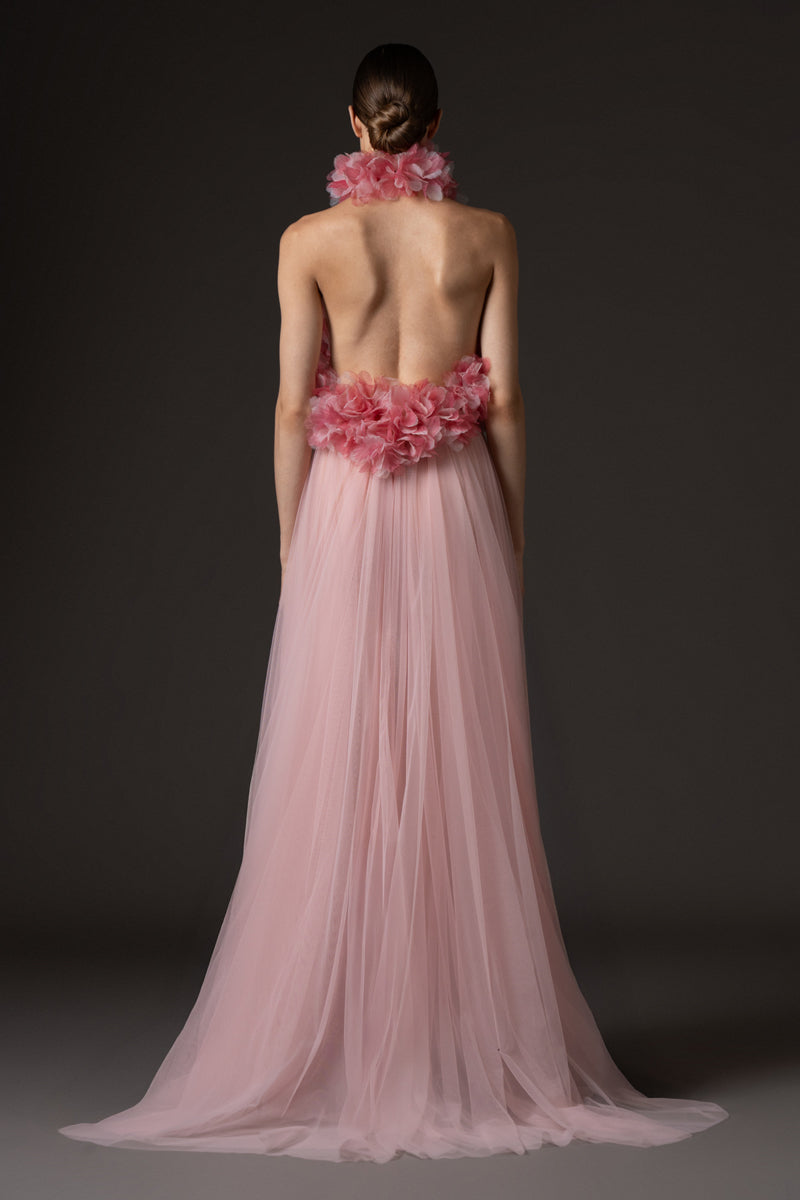 Halter neck dress in tulle with flower appliqué bodice
