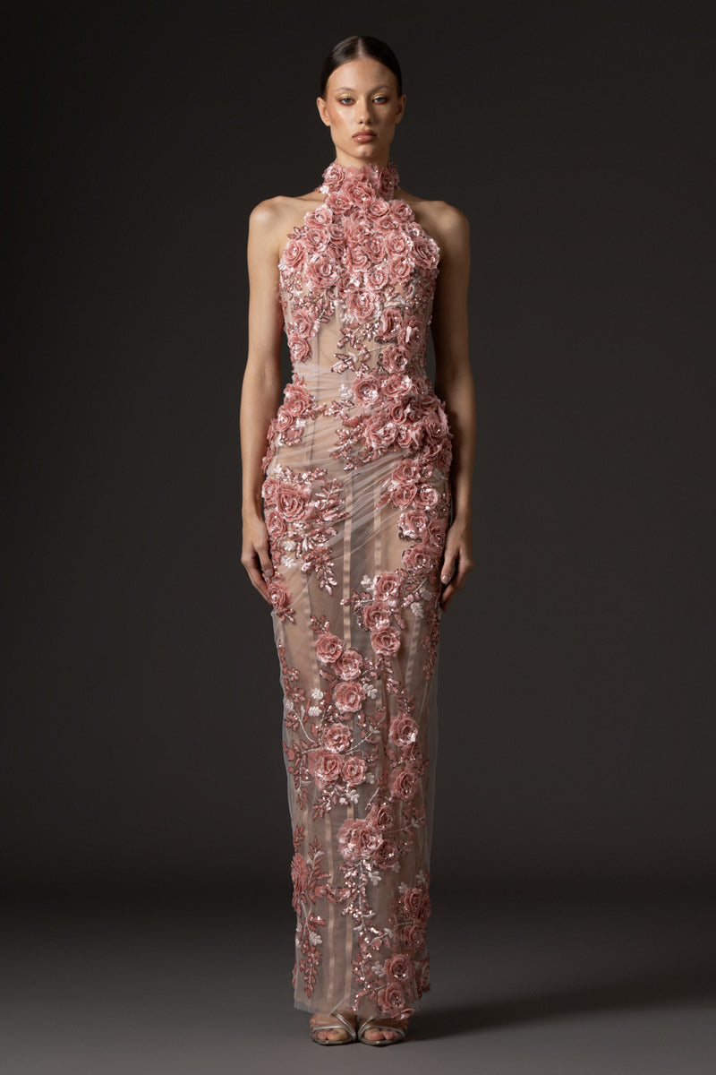 Halter neck embroidered tulle corseted dress