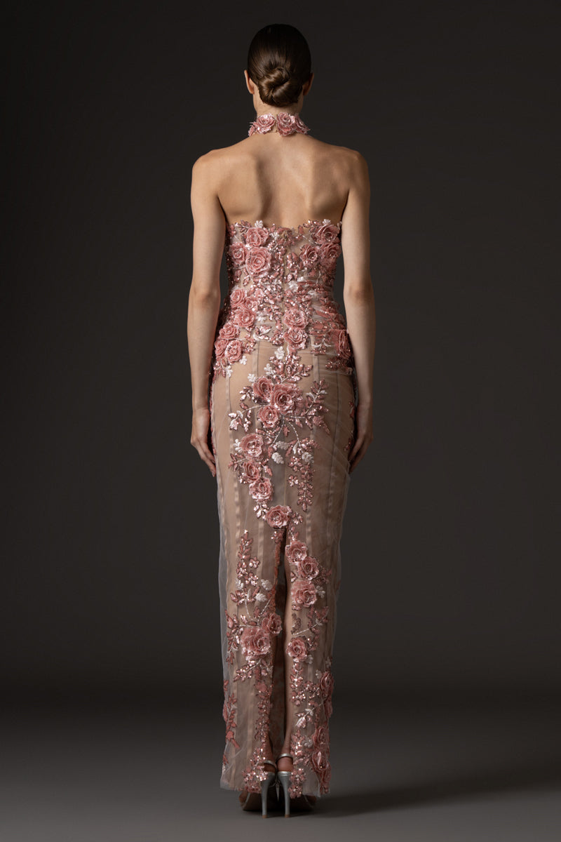 Halter neck embroidered tulle corseted dress