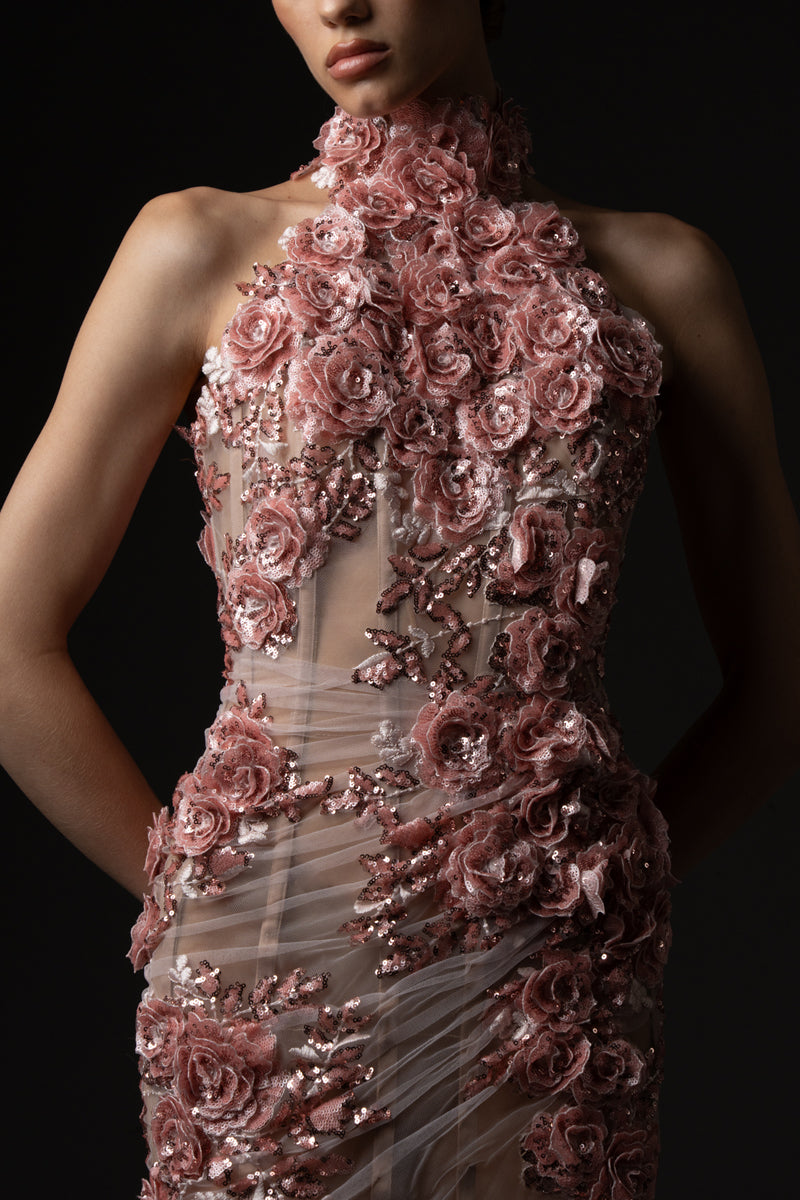 Halter neck embroidered tulle corseted dress