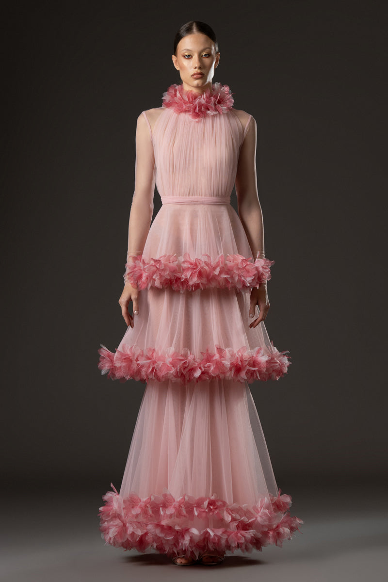 Halter neck layered tulle dress with floral appliqué embroidery