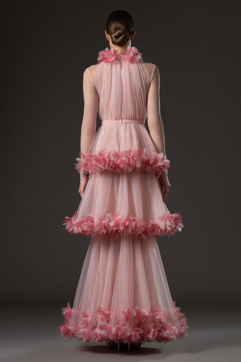 Halter neck layered tulle dress with floral appliqué embroidery