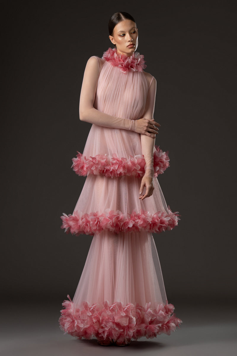 Halter neck layered tulle dress with floral appliqué embroidery