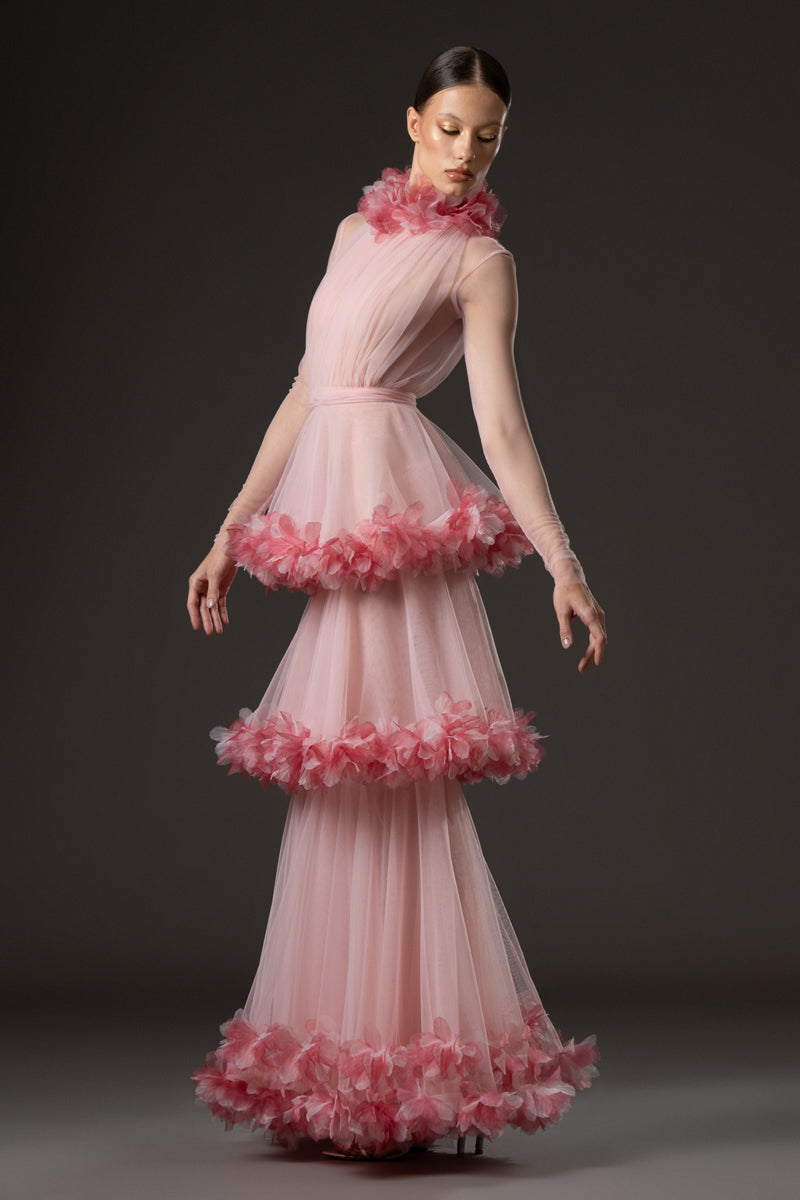 Halter neck layered tulle dress with floral appliqué embroidery