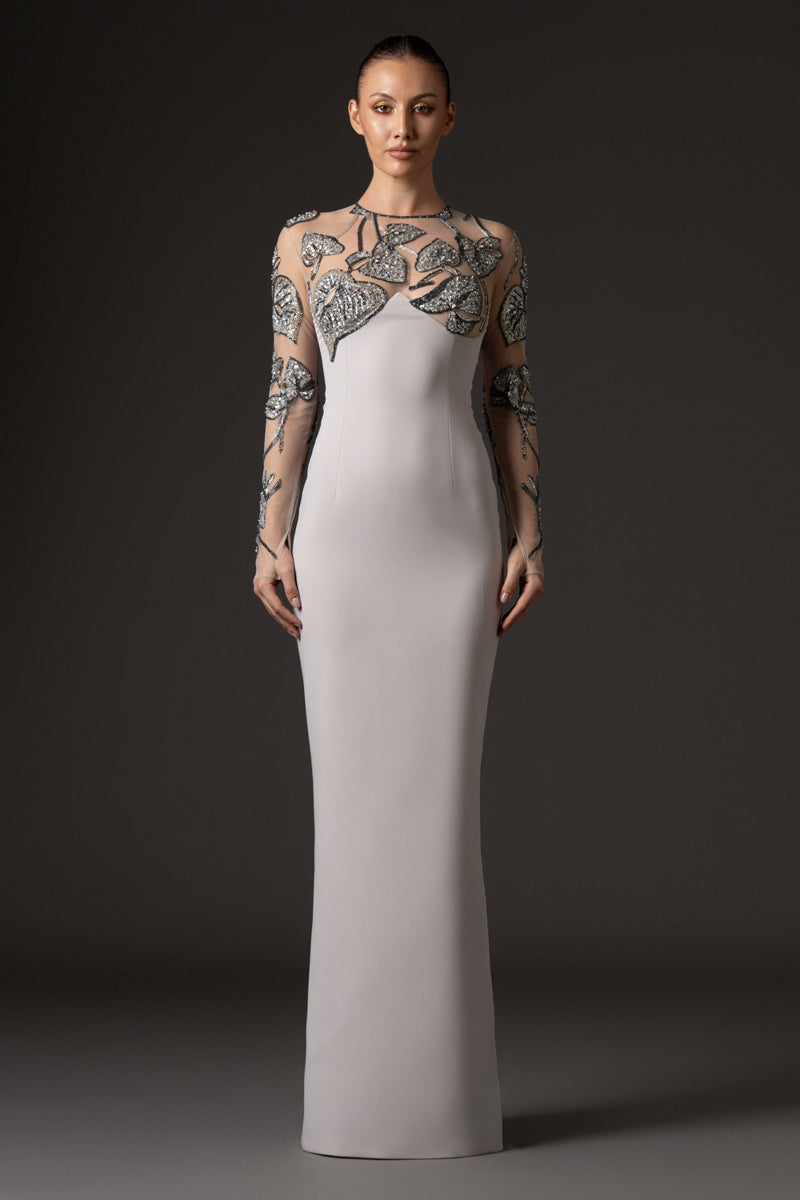 High neck silver gray crêpe dress with embroidered bodice and long sleeves