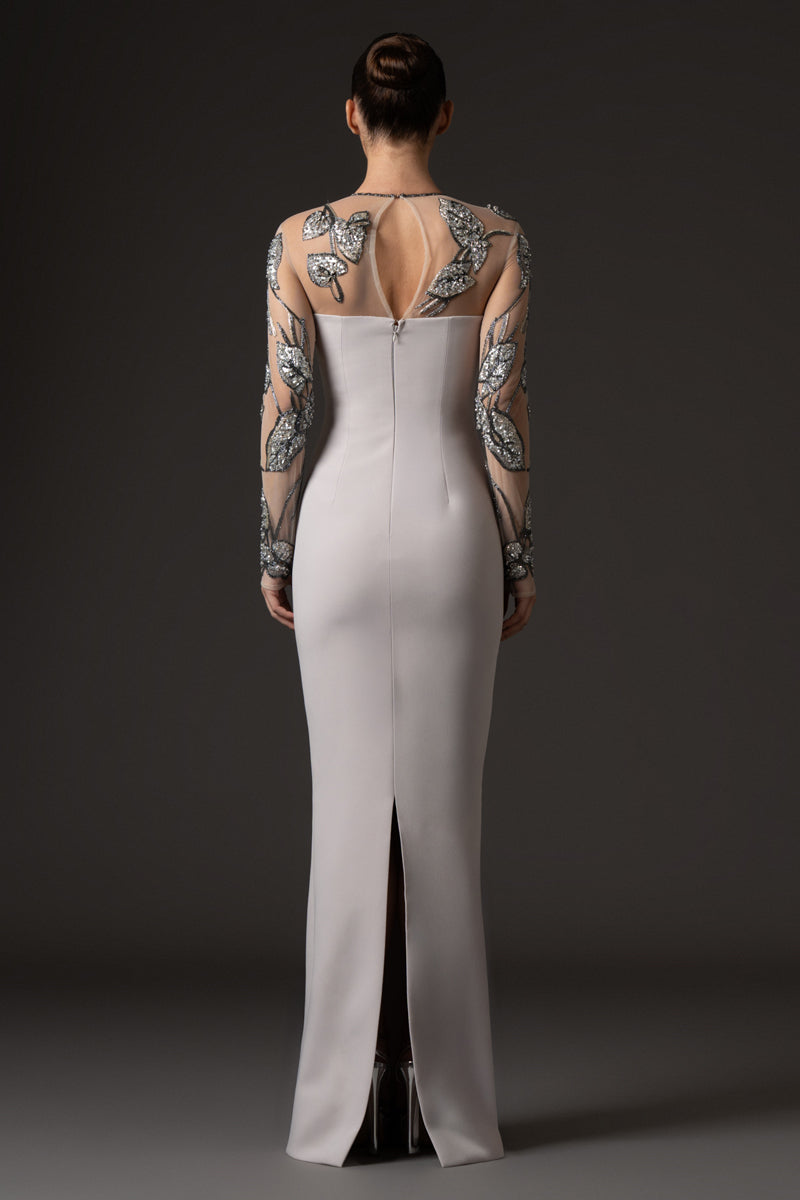 High neck silver gray crêpe dress with embroidered bodice and long sleeves
