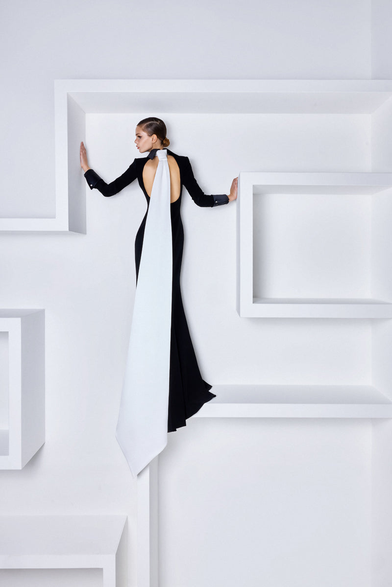 A tuxedo-inspired gown with a radzimir back-tie
