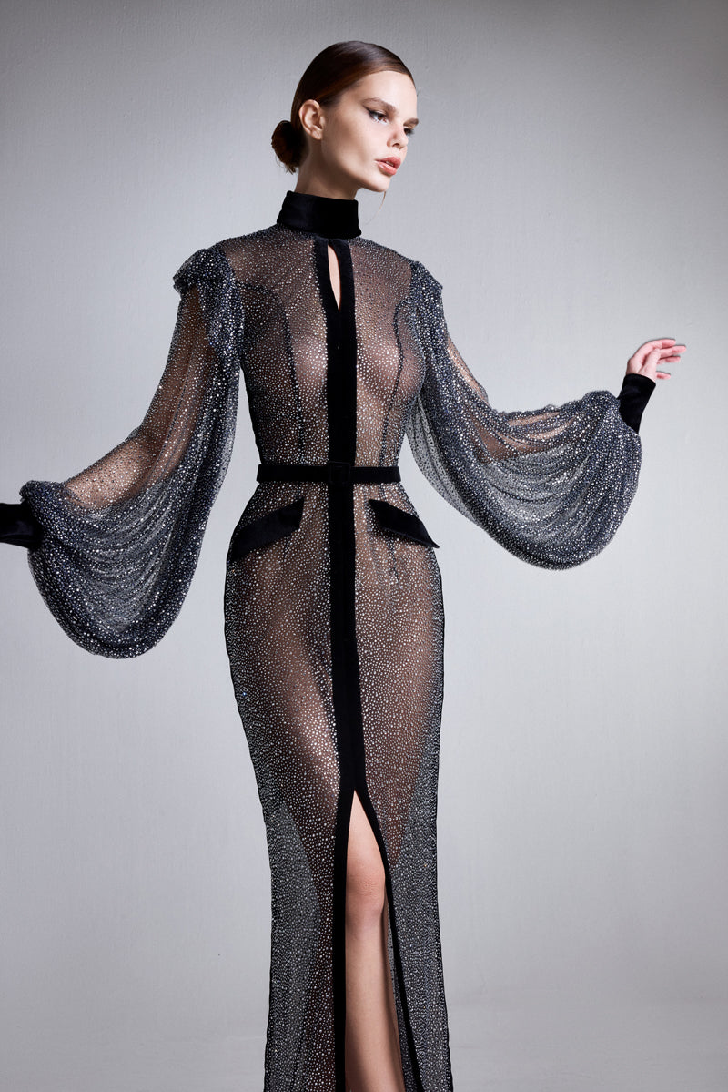 A fitted gown with a high neckline, sheer embroidered tulle, and puffed sleeves