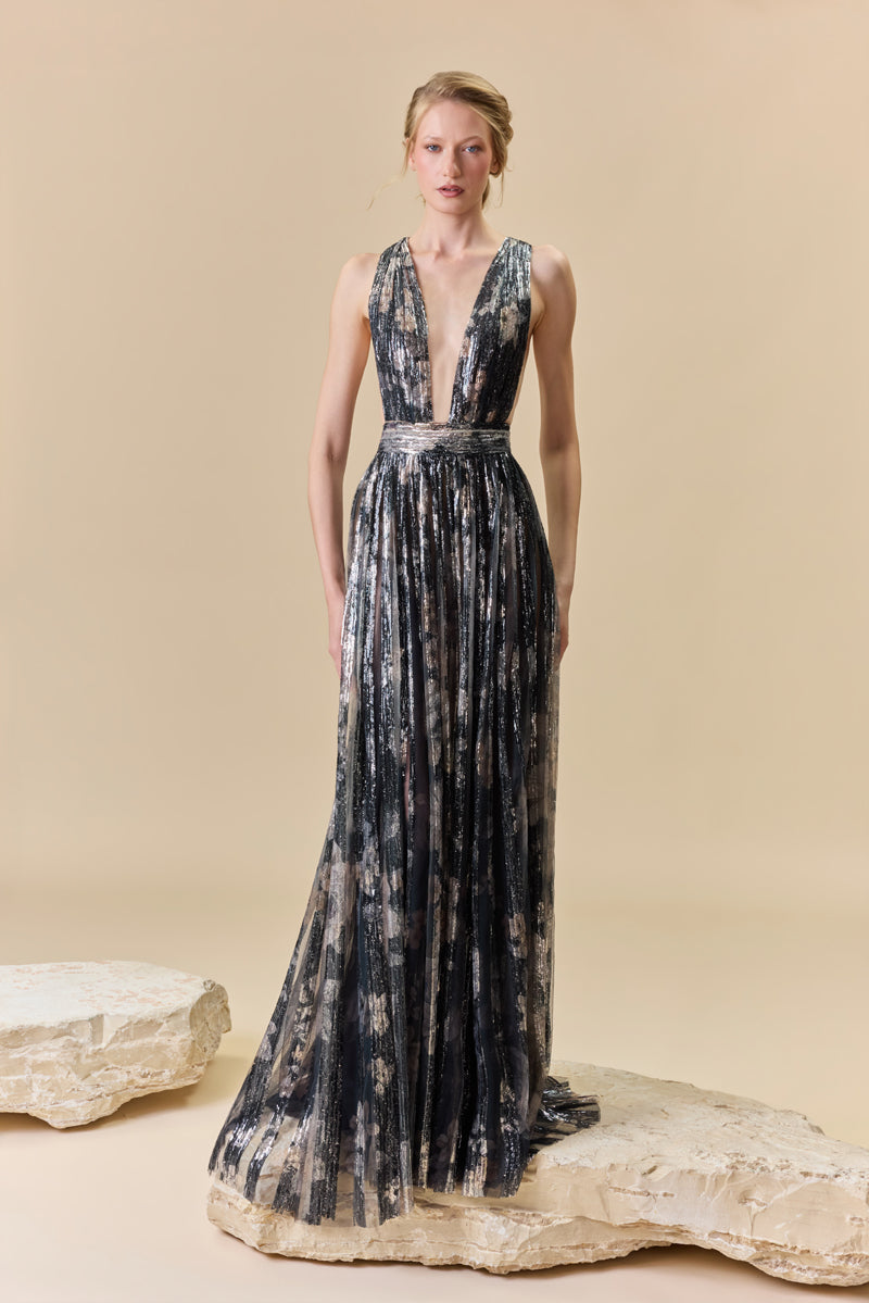 A deep V-neck printed sequins dress with an A-line skirt.