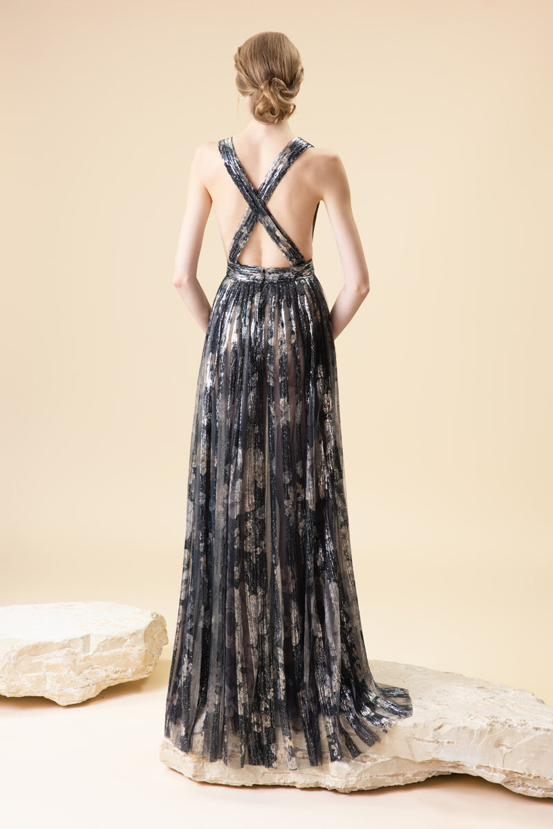 A deep V-neck printed sequins dress with an A-line skirt.