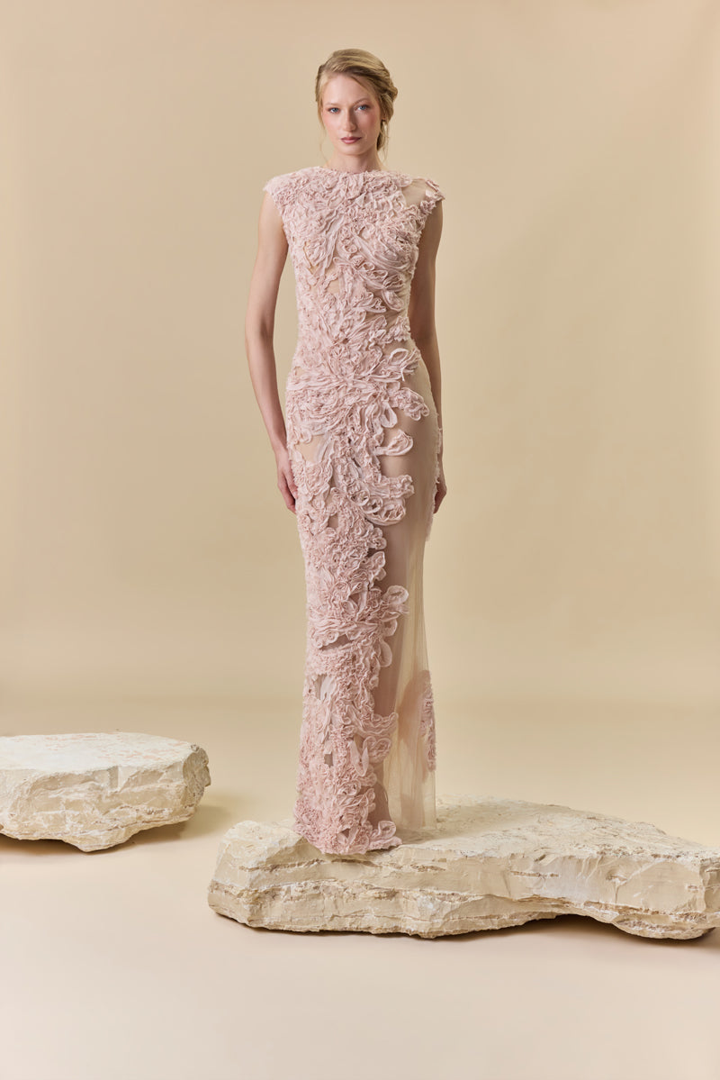 A tulle fitted dress fully embellished with intricate crepe georgette trims.