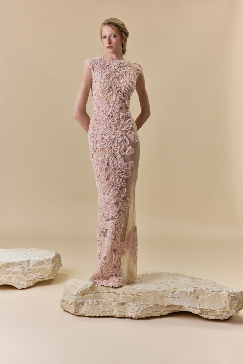 A tulle fitted dress fully embellished with intricate crepe georgette trims.