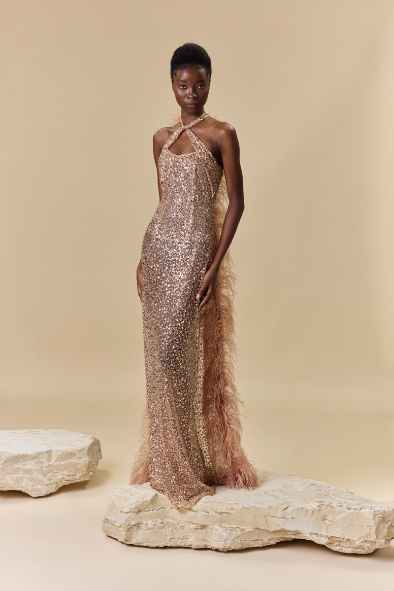 A fitted embroidered tulle dress with a halter neckline, open back, and a dramatic flowing train finished with feather trims.